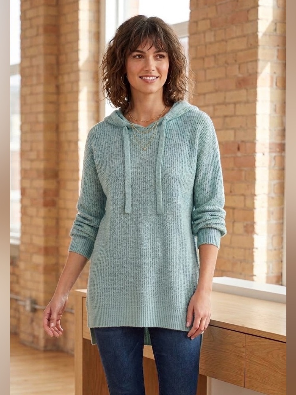 Reitmans Signature Light Green Hooded Tunic Sweater